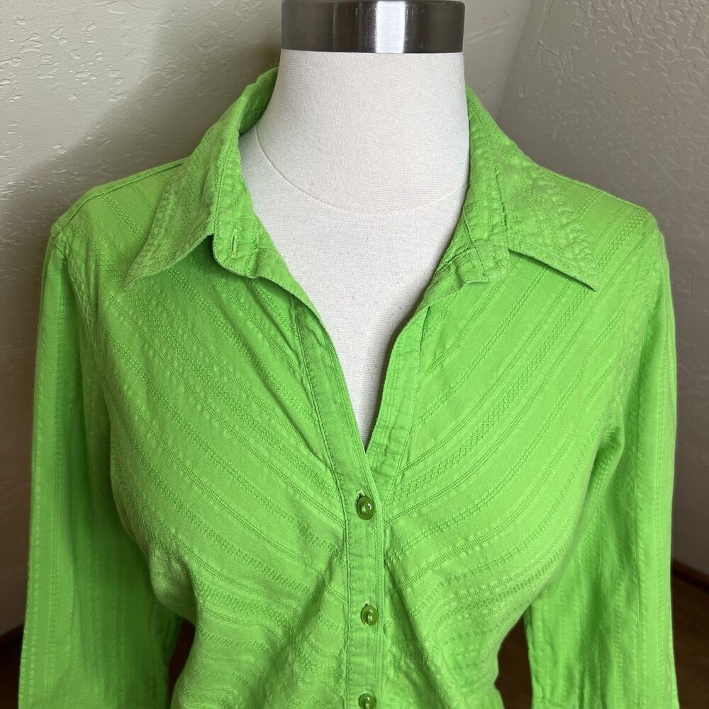 Faded Glory Button Down Shirt Womens Medium Lime Green 3/4 Sleeve Y2k Textured - Picture 3 of 10